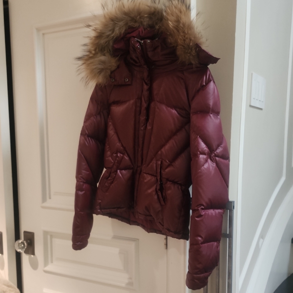 Andrew Marc Maroon Puffer Jacket with Racoon Fur Hood